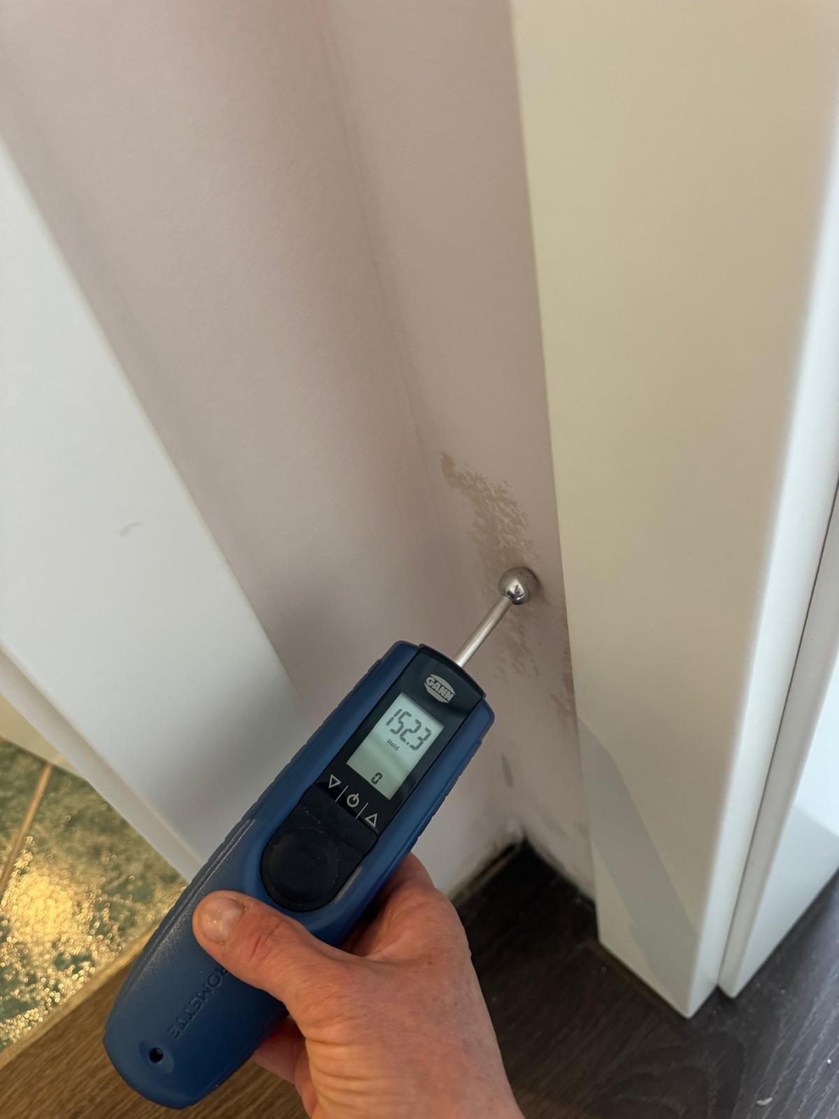 Feuchtemessung mit einem Messgerät an einer Wand
